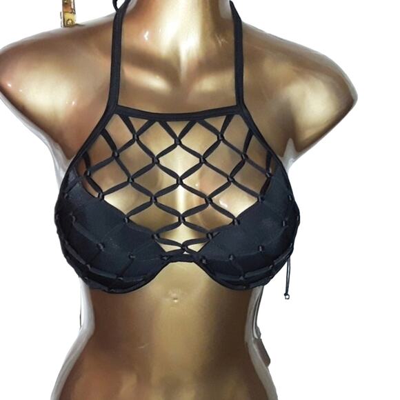 NWT 32DD Shade & Shore Padded Fishnet Macrame Netted Bikini Top - Picture 2 of 5